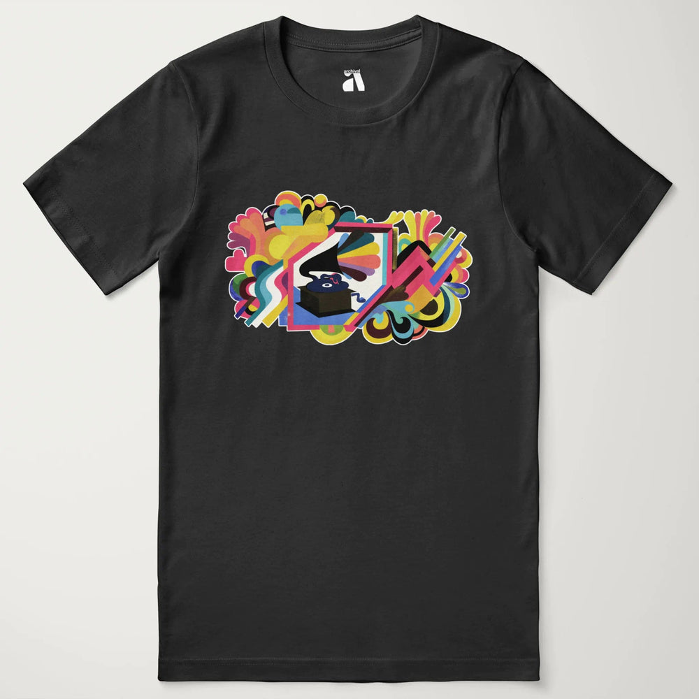 psychedelic phonograph classic tee in vintage black, laid flat