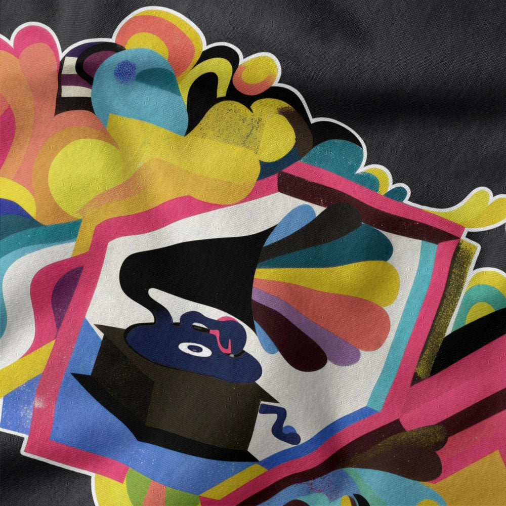 psychedelic phonograph classic tee in vintage black, close-up of the print
