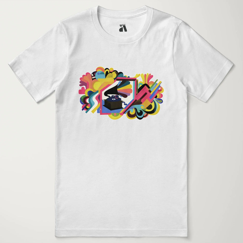 psychedelic phonograph classic tee in vintage white, laid flat