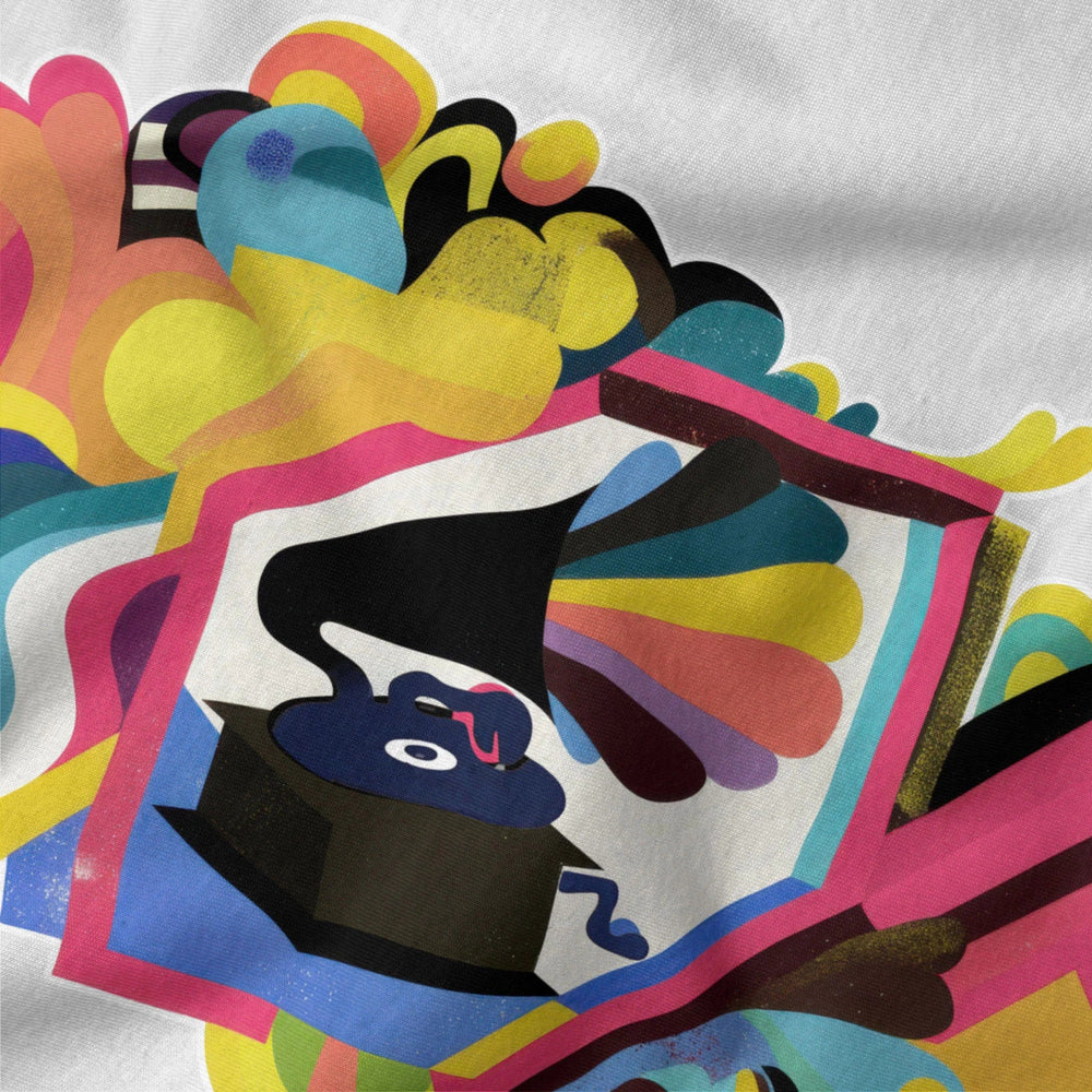 psychedelic phonograph classic tee in vintage white, close-up of the print