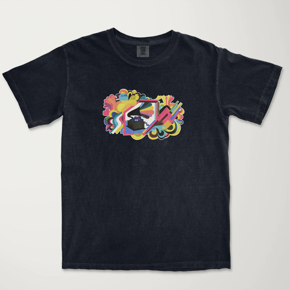 psychedelic phonograph vintage heavyweight tee in black, laid flat