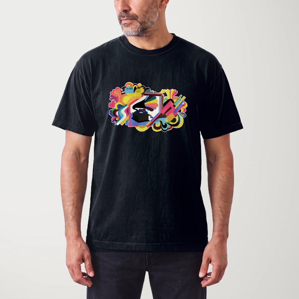 psychedelic phonograph vintage heavyweight tee in black, worn