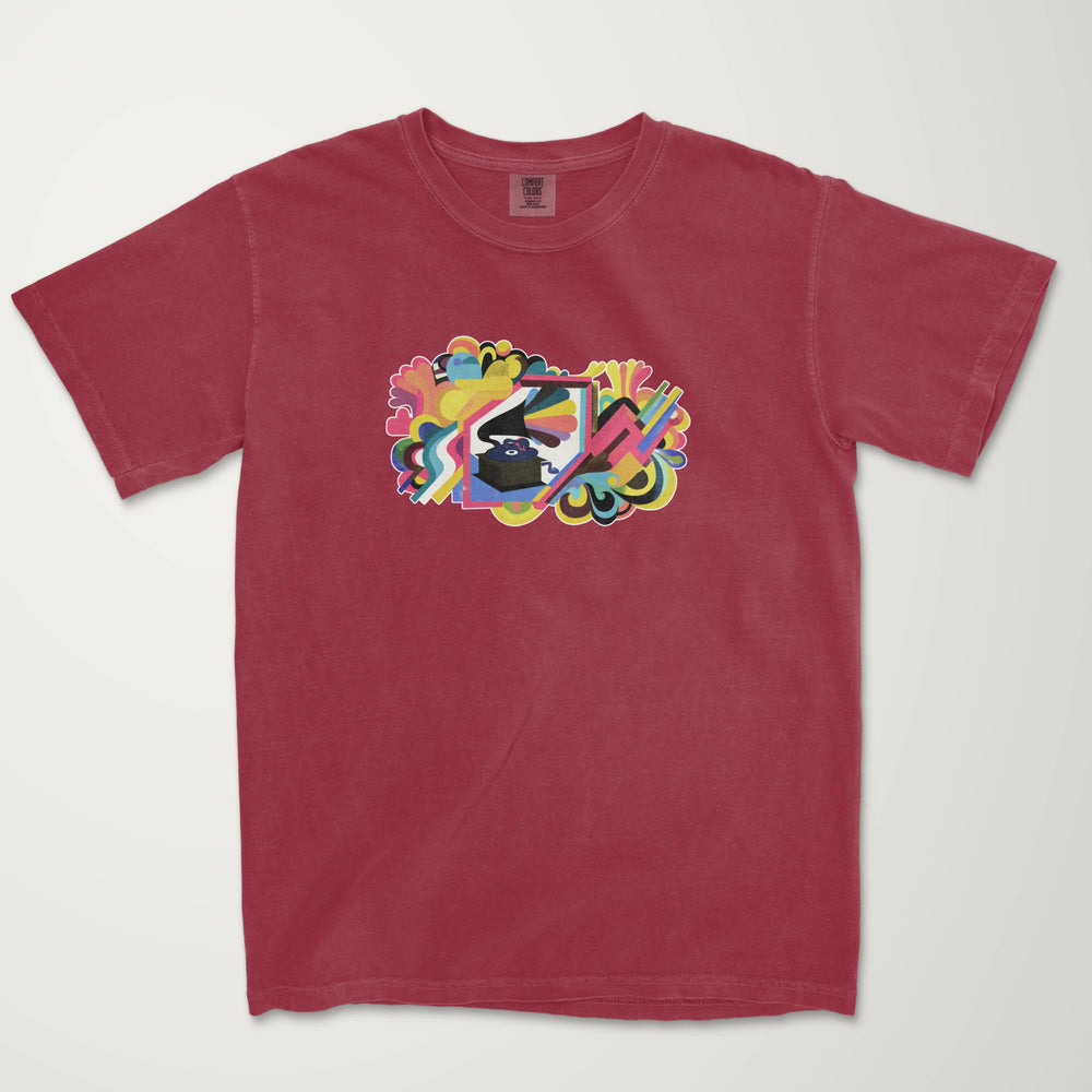 psychedelic phonograph vintage heavyweight tee in chili, laid flat