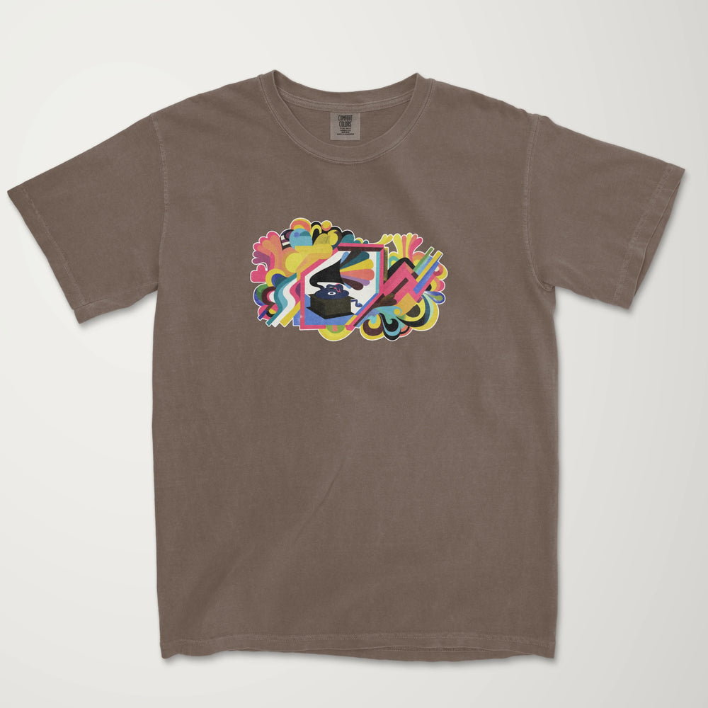 psychedelic phonograph vintage heavyweight tee in espresso, laid flat