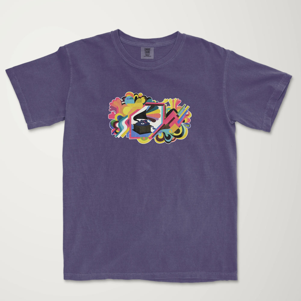 psychedelic phonograph vintage heavyweight tee in grape, laid flat