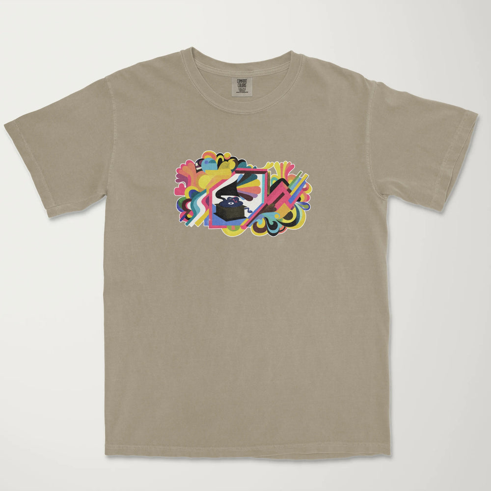 psychedelic phonograph vintage heavyweight tee in khaki, laid flat