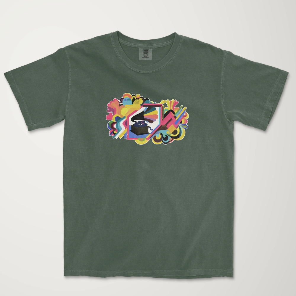 psychedelic phonograph vintage heavyweight tee in moss, laid flat