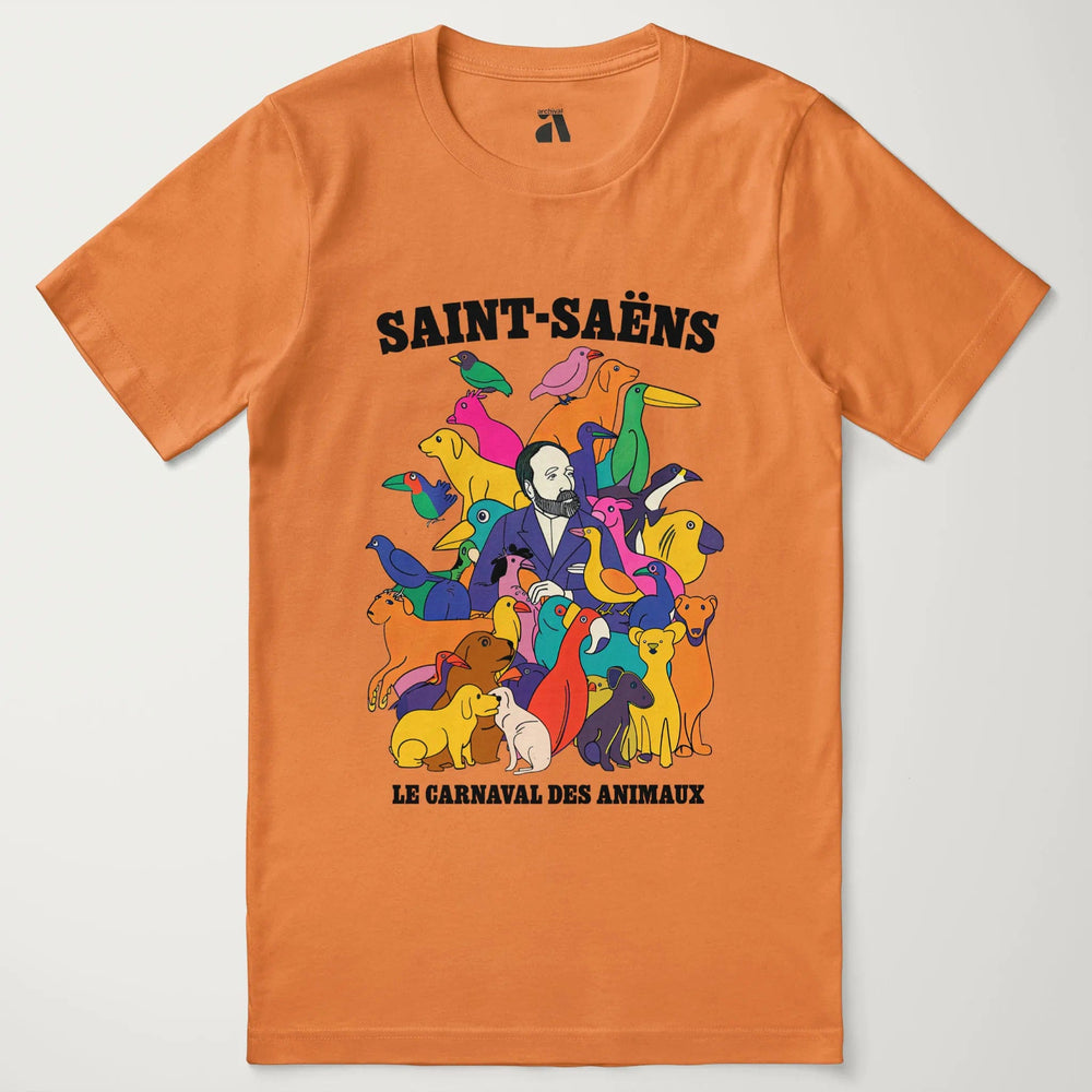 saint-saëns: carnival of the animals classic tee in burnt orange, laid flat