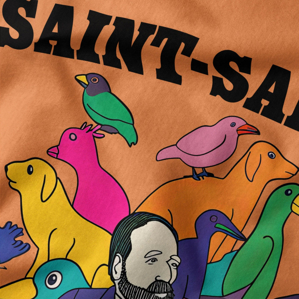 saint-saëns: carnival of the animals classic tee in burnt orange, close-up of the print