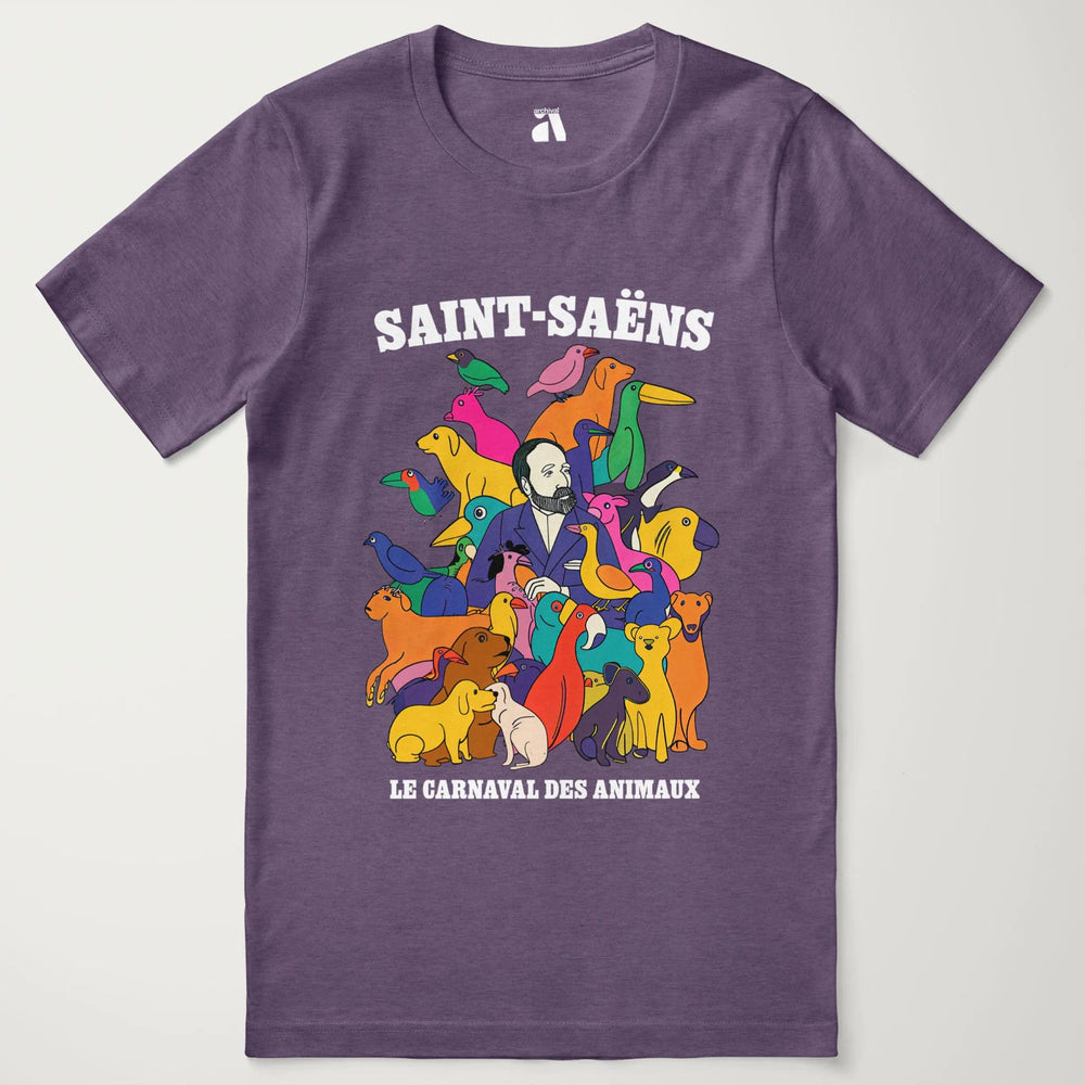 saint-saëns: carnival of the animals classic tee in heather team purple, laid flat