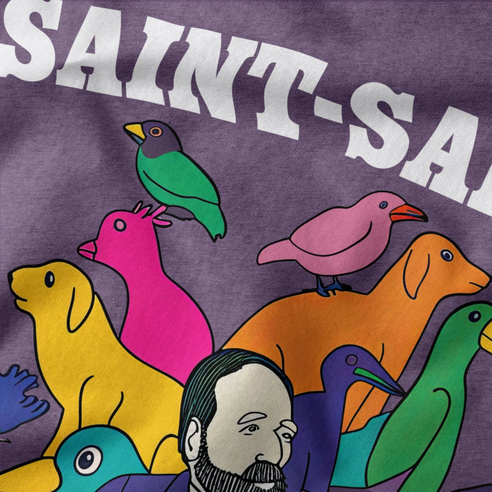 saint-saëns: carnival of the animals classic tee in heather team purple, close-up of the print