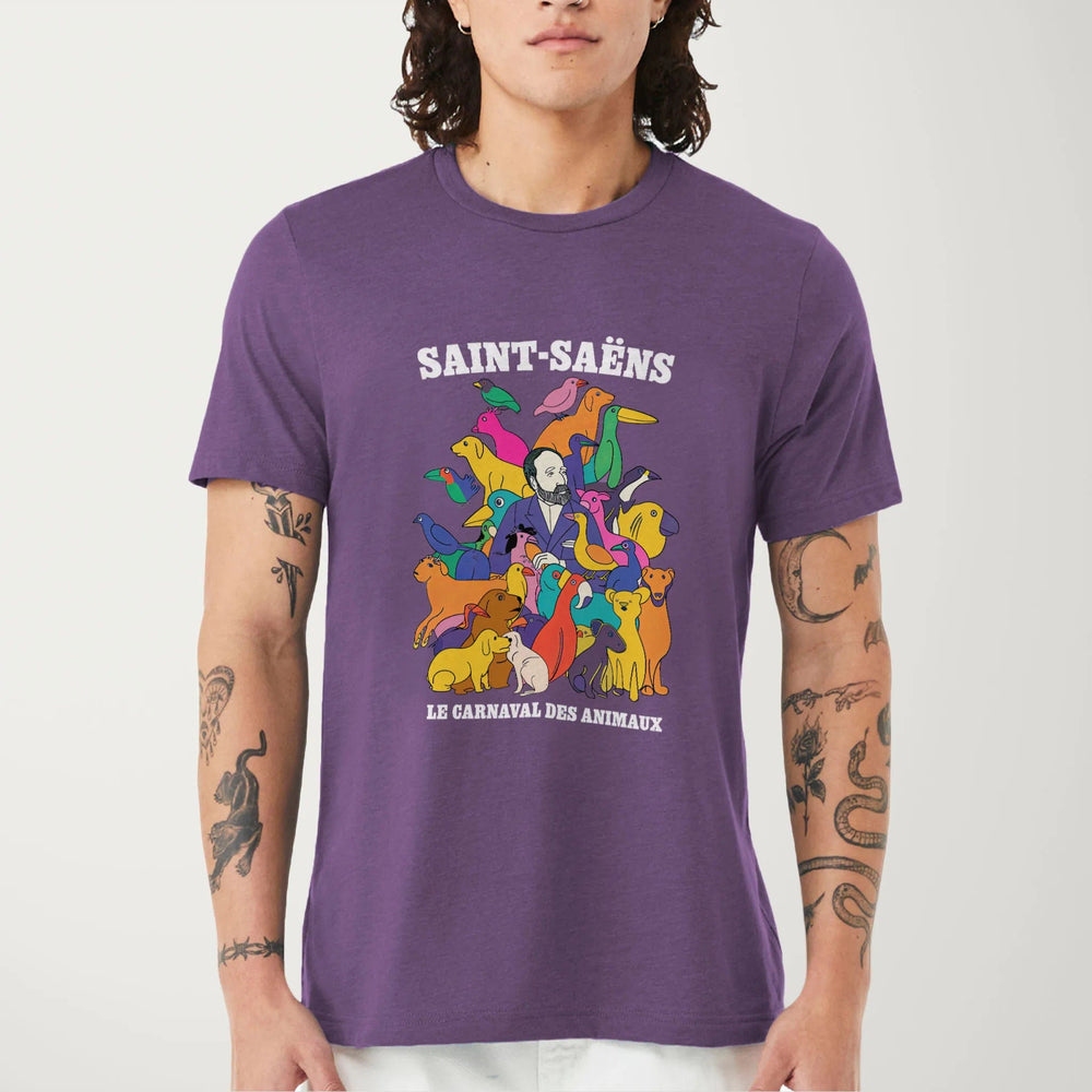 saint-saëns: carnival of the animals classic tee in heather team purple, worn