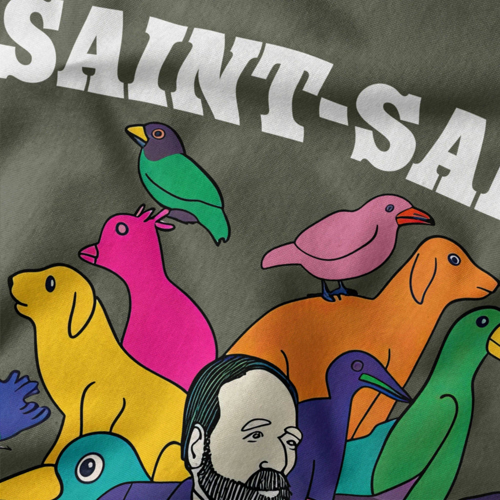 saint-saëns: carnival of the animals classic tee in military green, close-up of the print