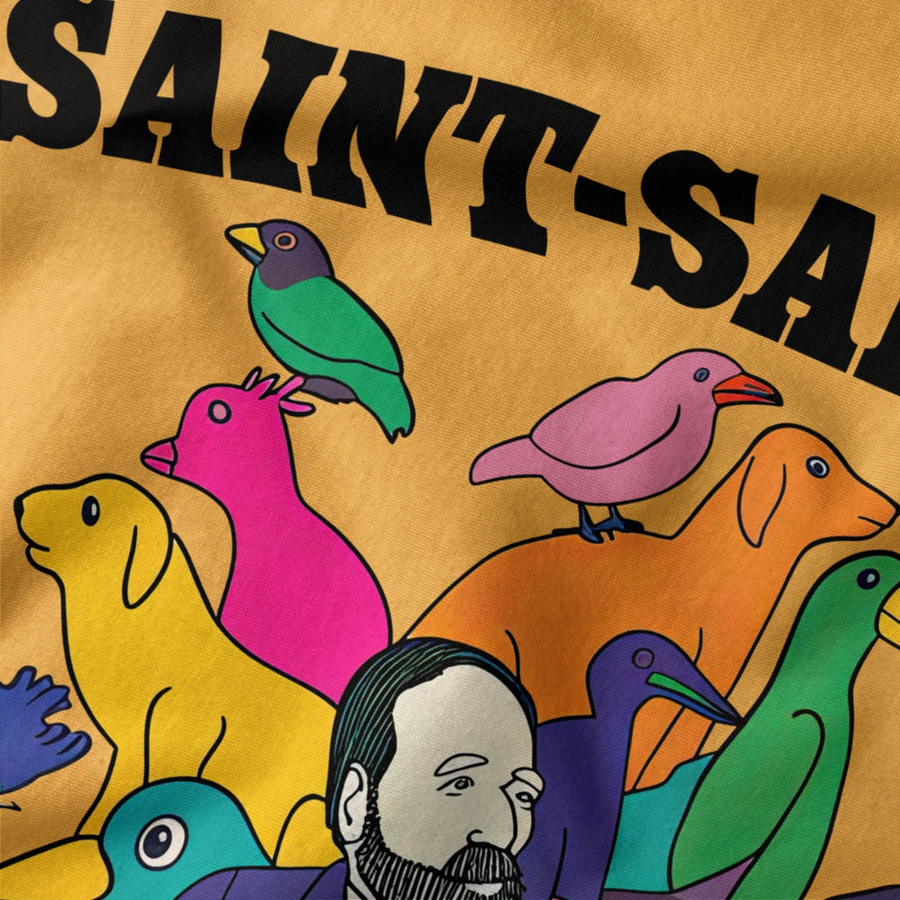 saint-saëns: carnival of the animals classic tee in mustard, close-up of the print