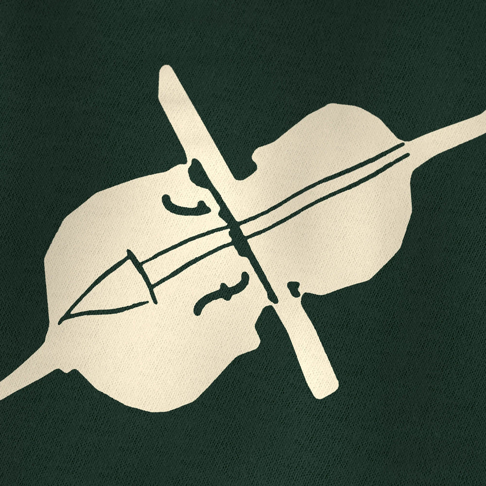 second chair classic tee in forest, close-up of the print