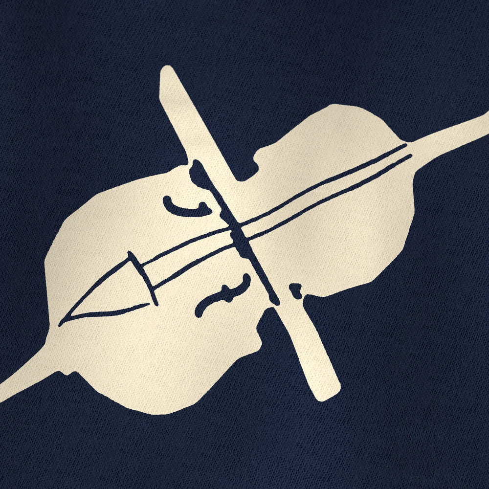 second chair classic tee in navy, close-up of the print