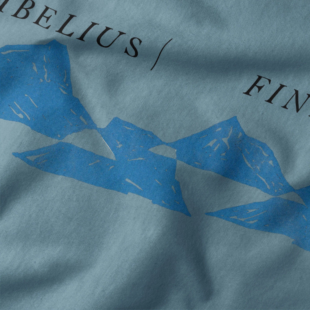 sibelius: finlandia classic tee in steel blue, close-up of the print
