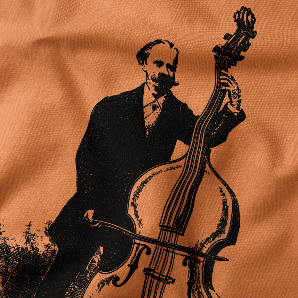 f. simandl: new method bass classic tee in burnt orange, close-up of the print