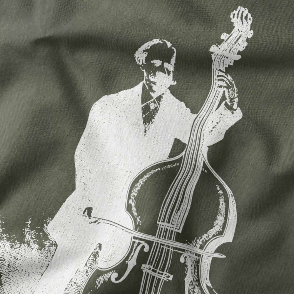 f. simandl: new method bass classic tee in military green, close-up of the print