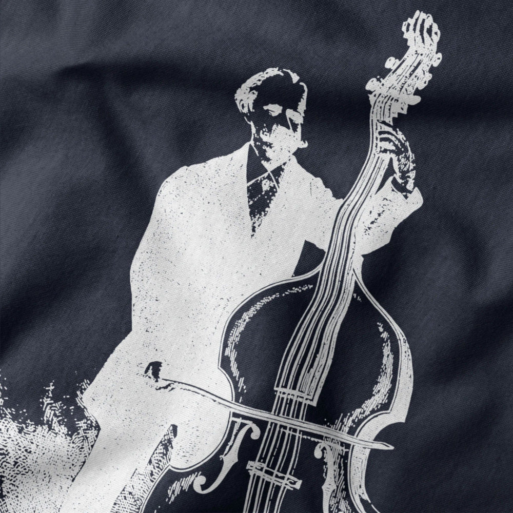 f. simandl: new method bass classic tee in navy, close-up of the print