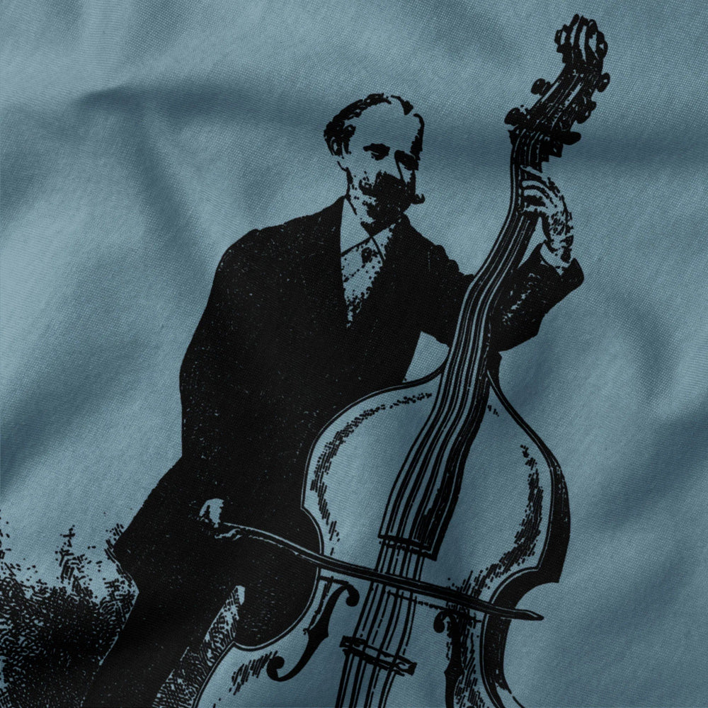 f. simandl: new method bass classic tee in steel blue, close-up of the print