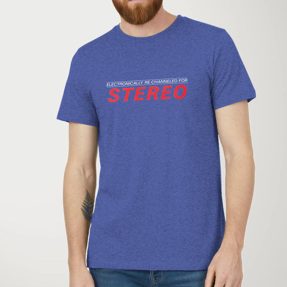 Stereo: Re-channeled Classic Tee in Heather True Royal, model