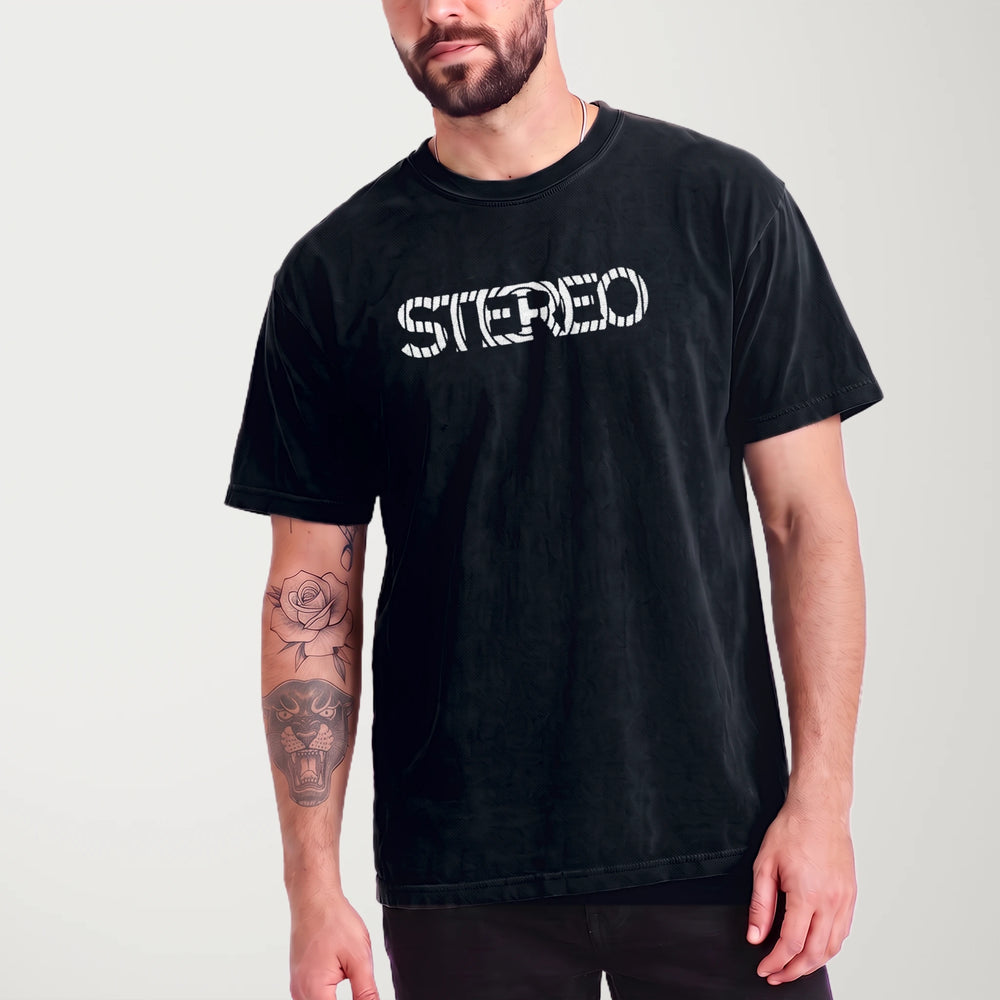 stereo: sonar vintage heavyweight tee in black, worn