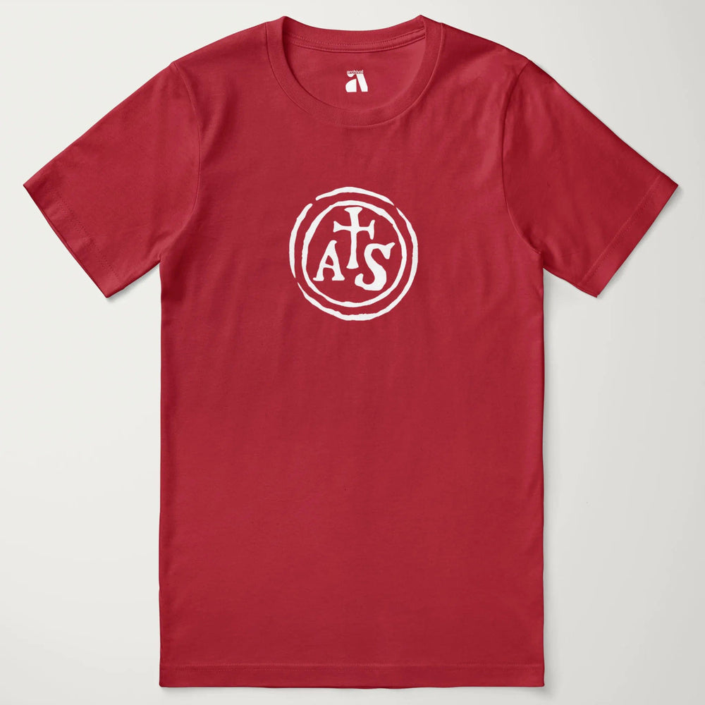 stradivarius: inscription classic tee in canvas red, laid flat