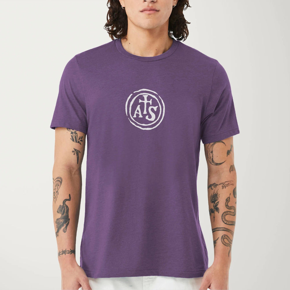 stradivarius: inscription classic tee in heather team purple, worn