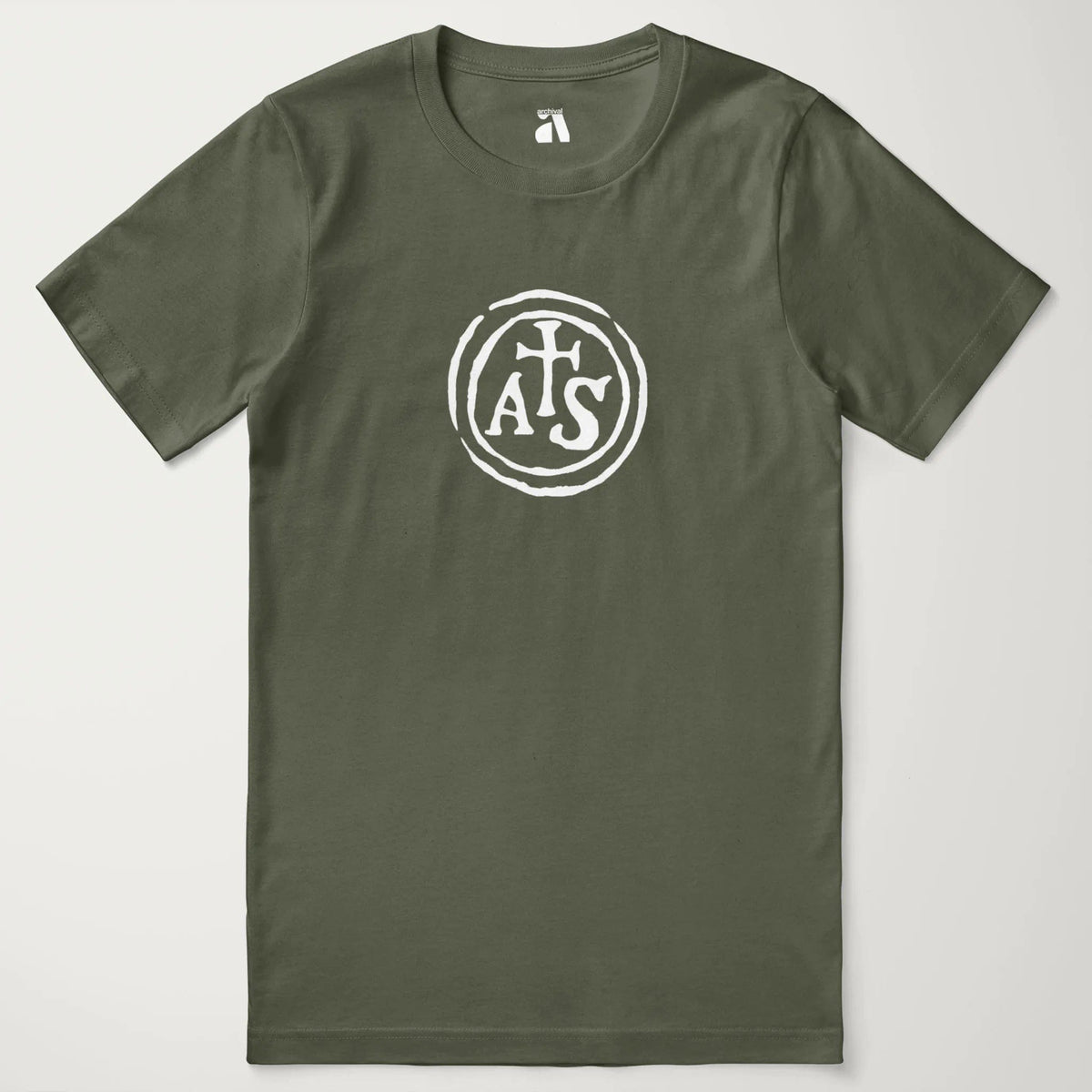 stradivarius: inscription classic tee in military green, laid flat