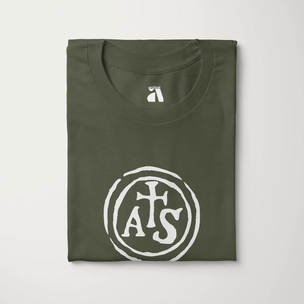 stradivarius: inscription classic tee in military green, folded
