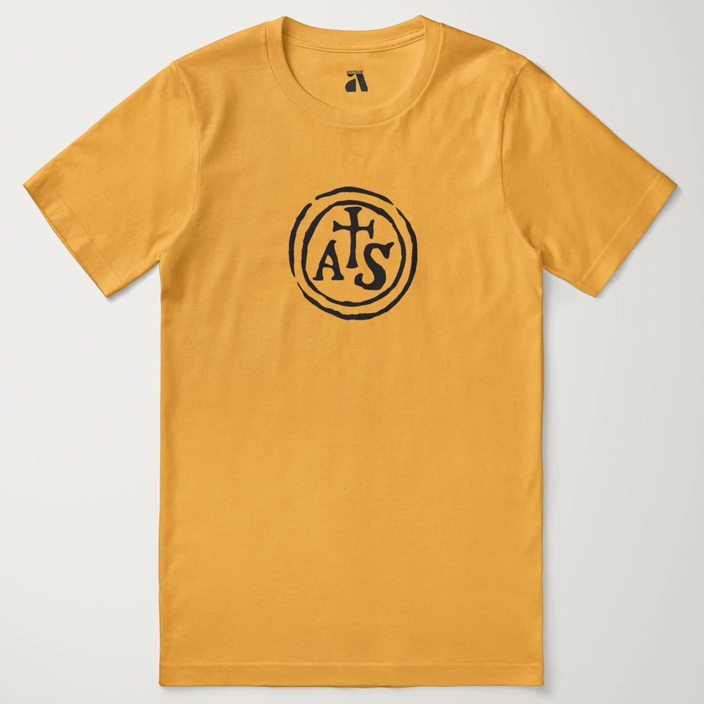 stradivarius: inscription classic tee in mustard, laid flat