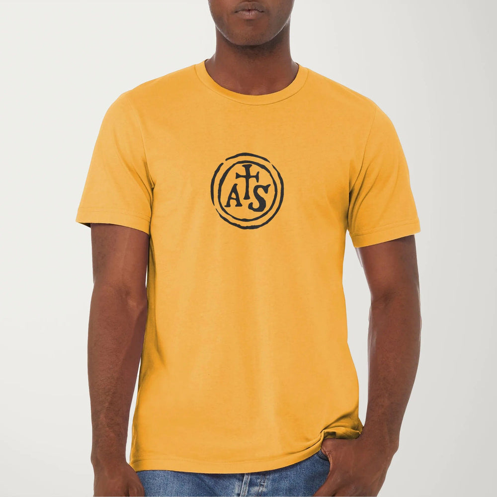 stradivarius: inscription classic tee in mustard, worn