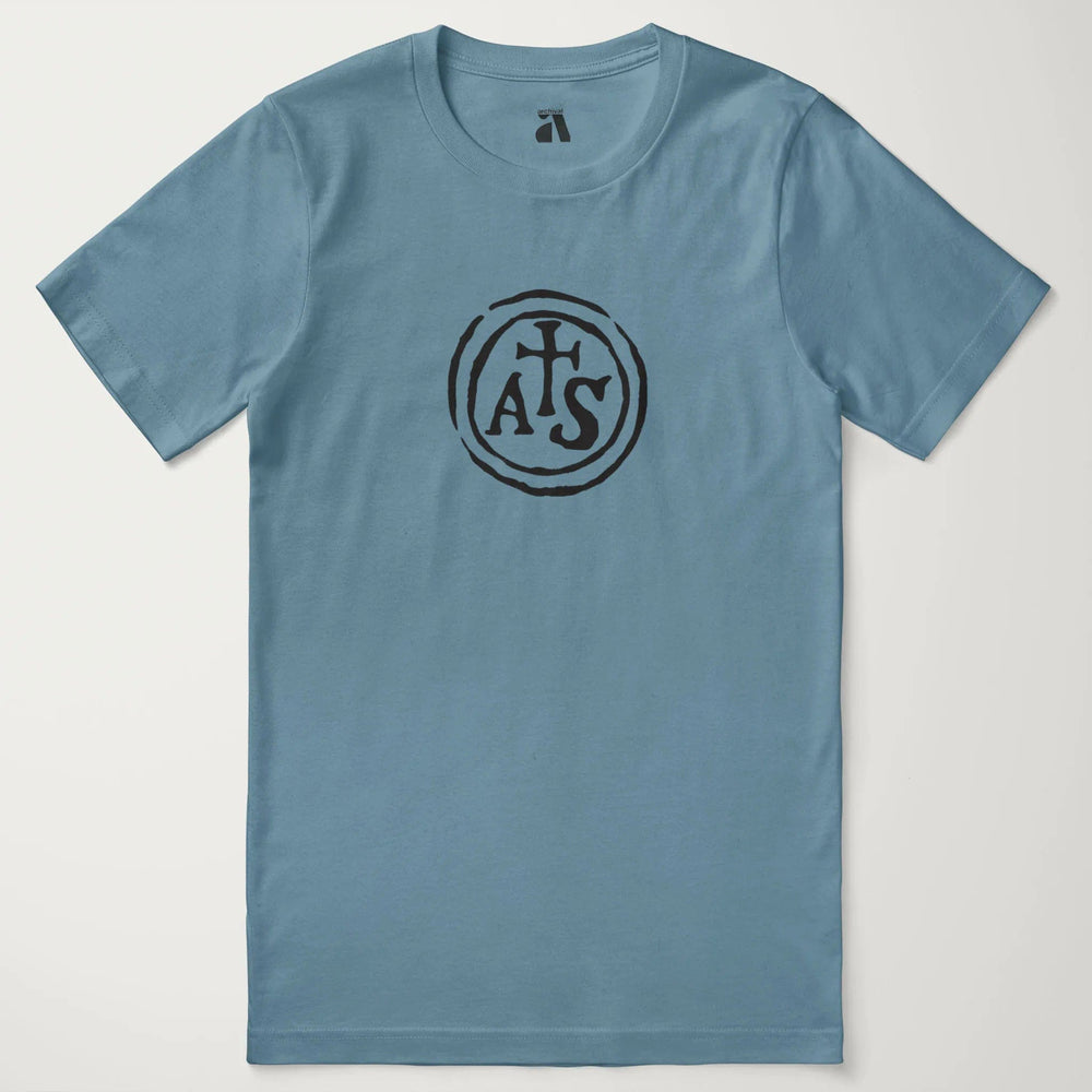 stradivarius: inscription classic tee in steel blue, laid flat