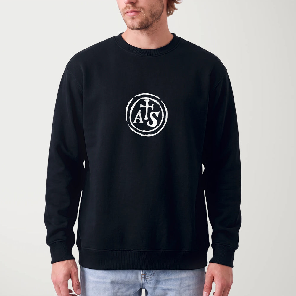 stradivarius: inscription classic crewneck in black, worn
