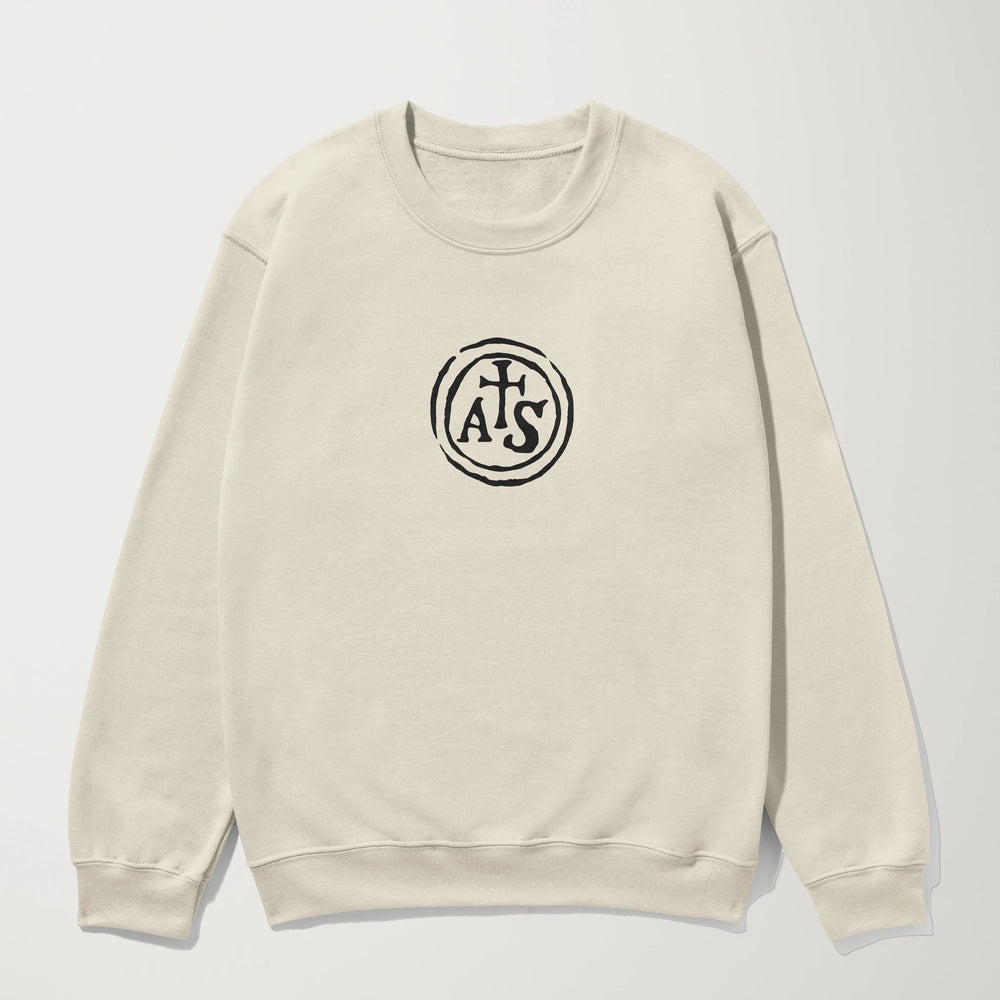 stradivarius: inscription classic crewneck in bone, laid flat