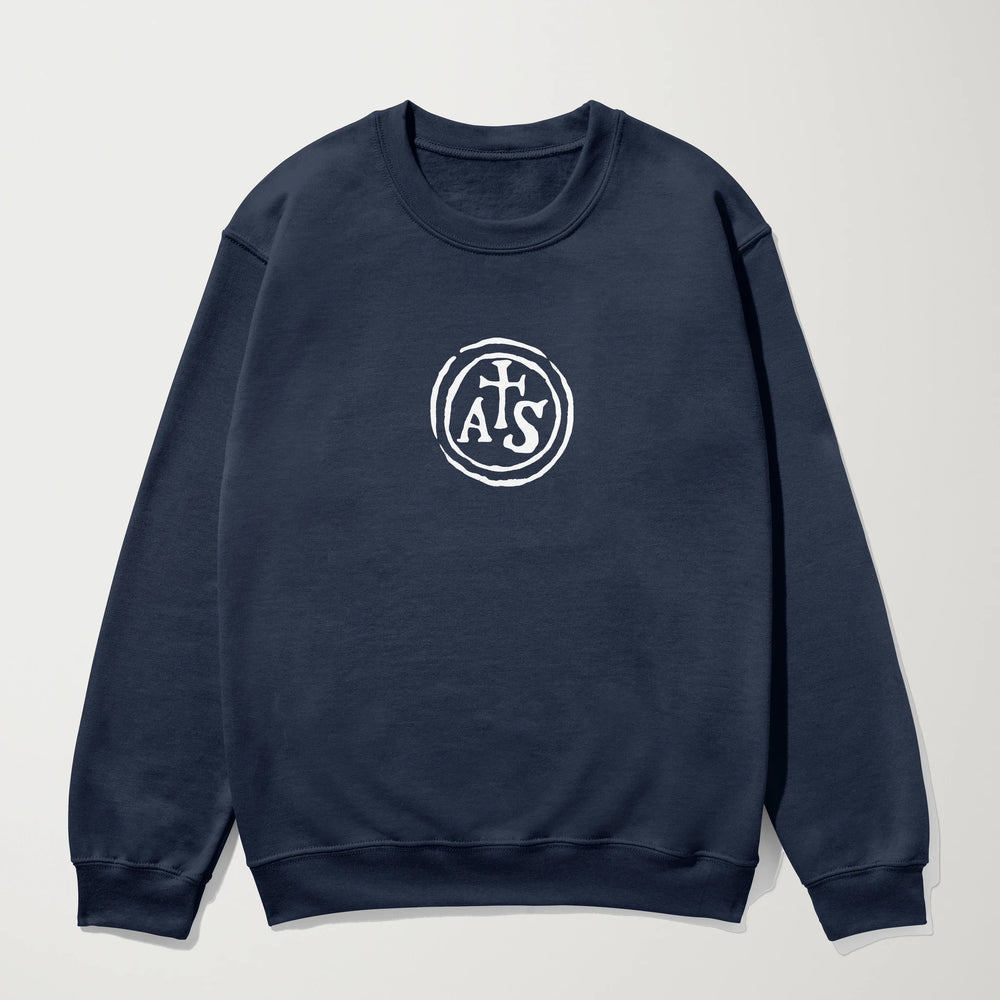 stradivarius: inscription classic crewneck in classic navy, laid flat