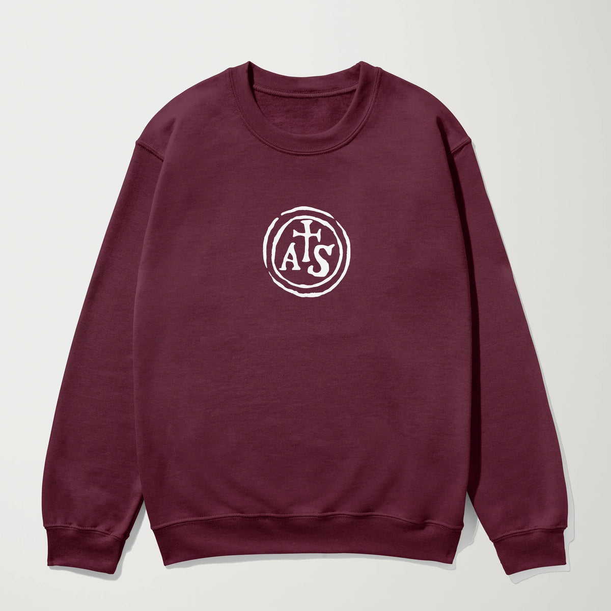 stradivarius: inscription classic crewneck in maroon, laid flat