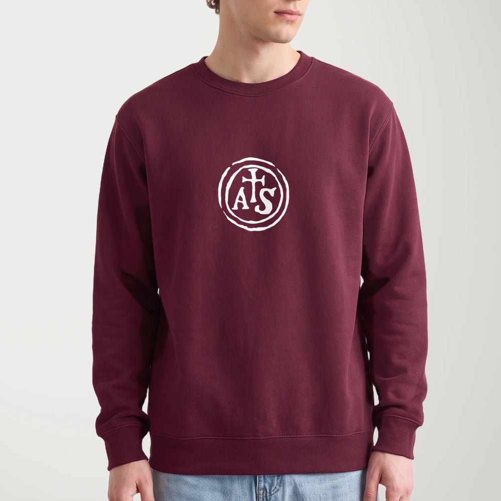 stradivarius: inscription classic crewneck in maroon, worn