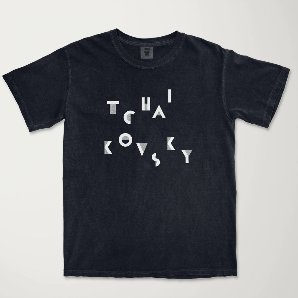 tchaikovsky: wordmark vintage heavyweight tee in black, laid flat