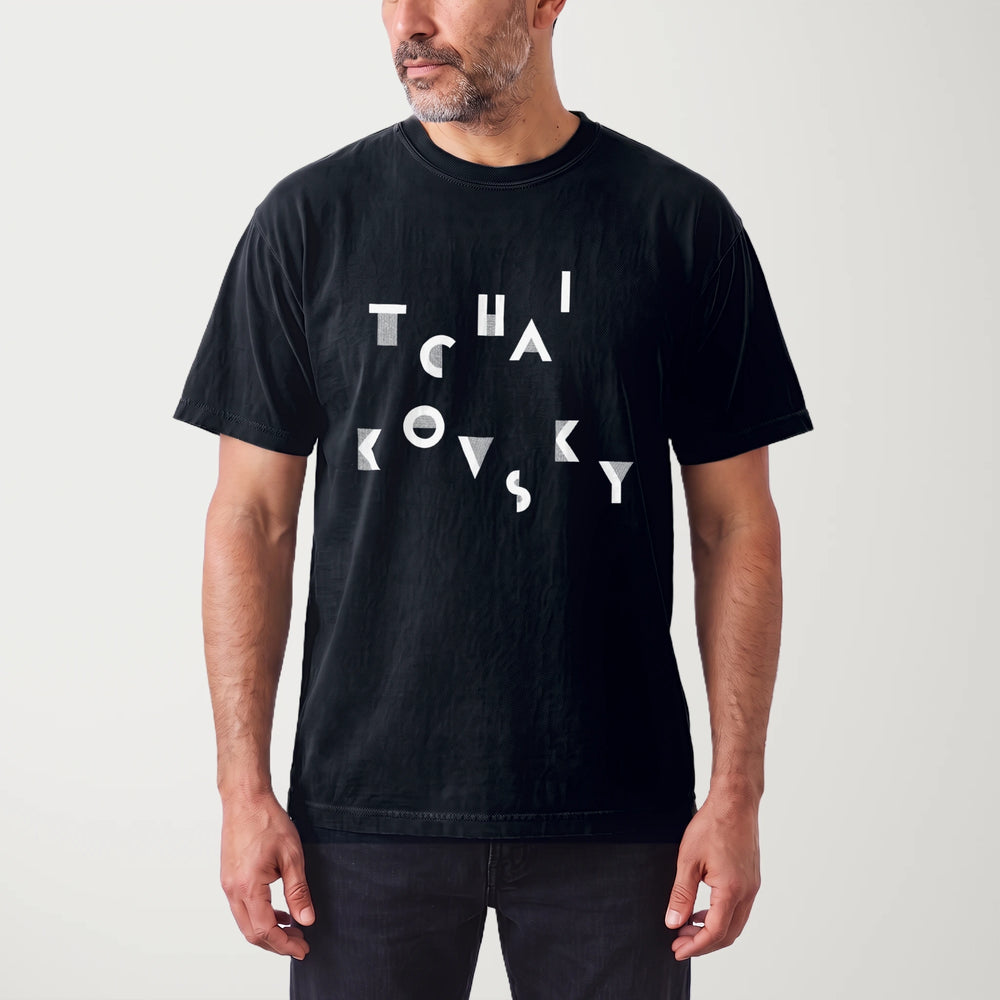 tchaikovsky: wordmark vintage heavyweight tee in black, worn