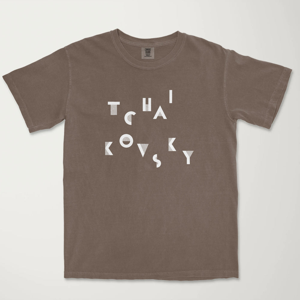 tchaikovsky: wordmark vintage heavyweight tee in espresso, laid flat