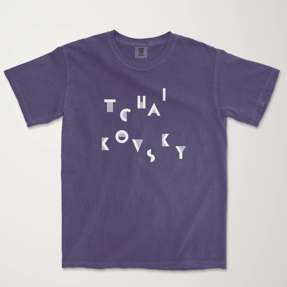 tchaikovsky: wordmark vintage heavyweight tee in grape, laid flat