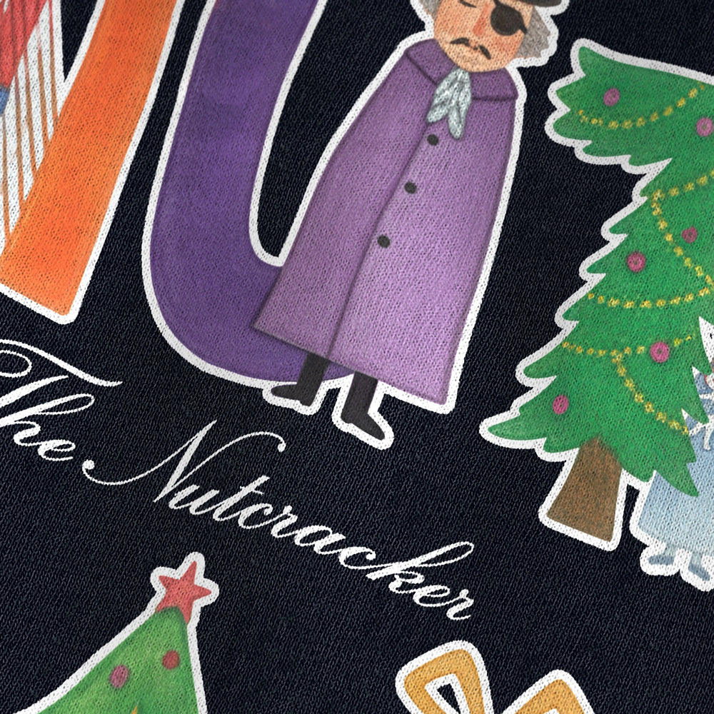 tchaikovsky: the nutcracker vintage heavyweight tee in black, close-up of the print