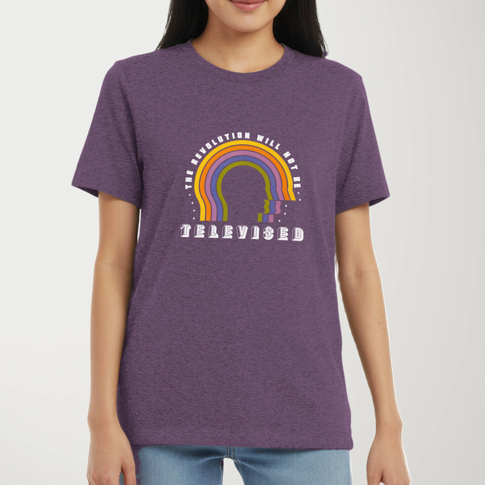 The Revolution Will Not Be Televised Classic Tee in Heather Team Purple, model
