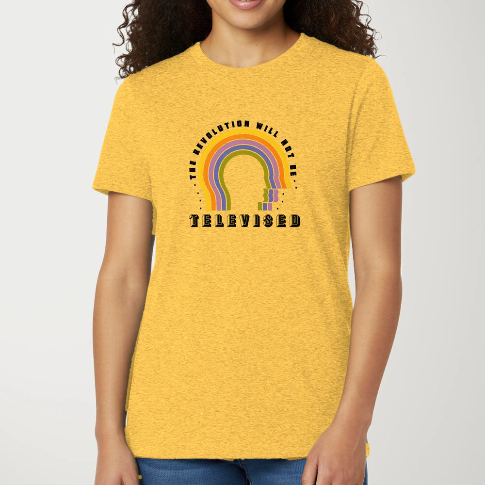 The Revolution Will Not Be Televised Classic Tee in Heather Yellow Gold, model
