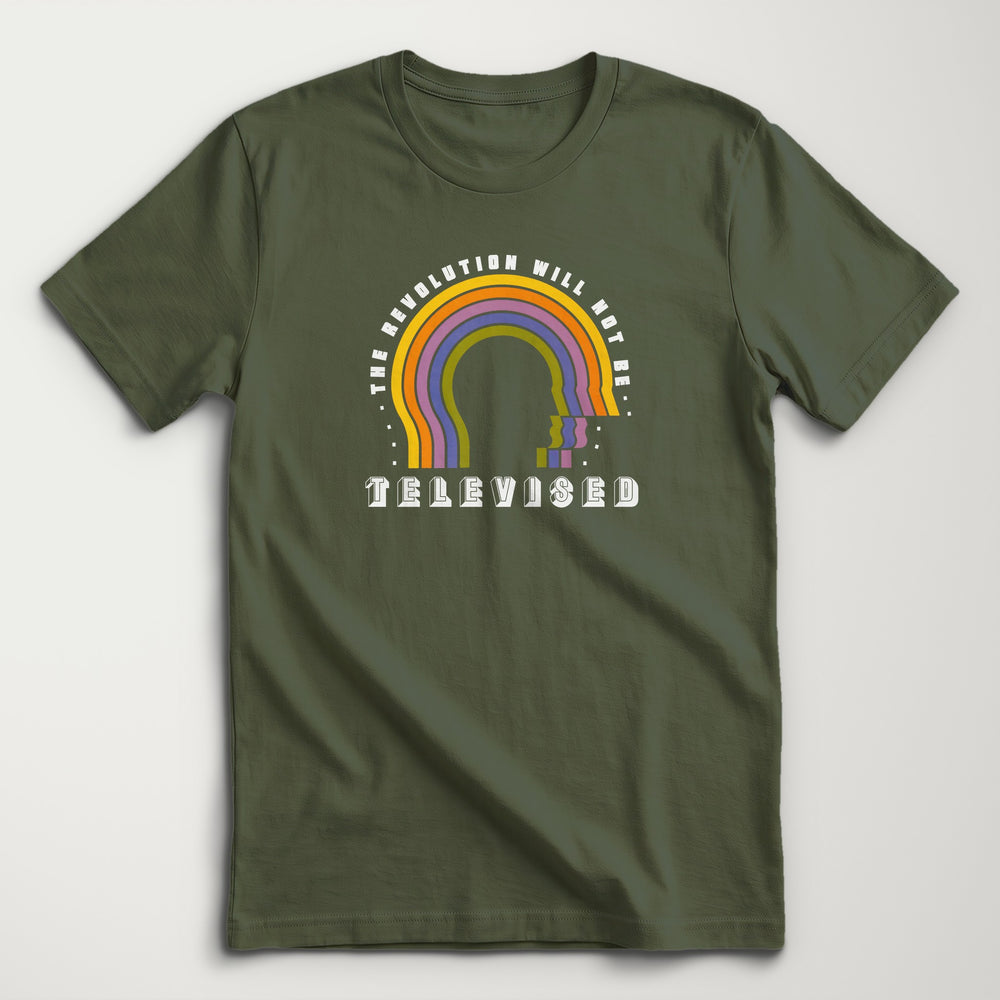 The Revolution Will Not Be Televised Classic Tee in Military Green, flat lay