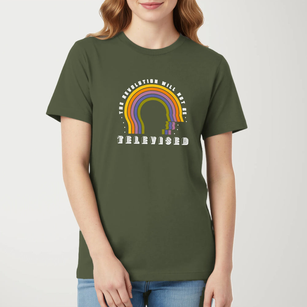The Revolution Will Not Be Televised Classic Tee in Military Green, model