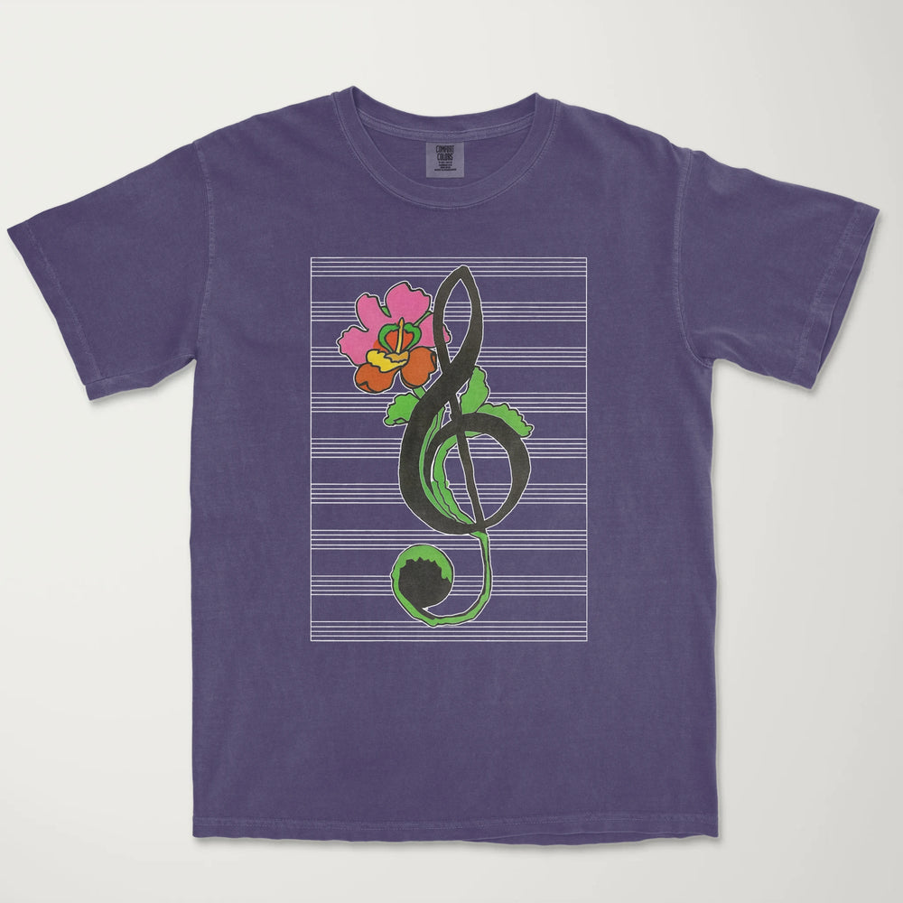 treble clef flower vintage heavyweight tee in grape, laid flat