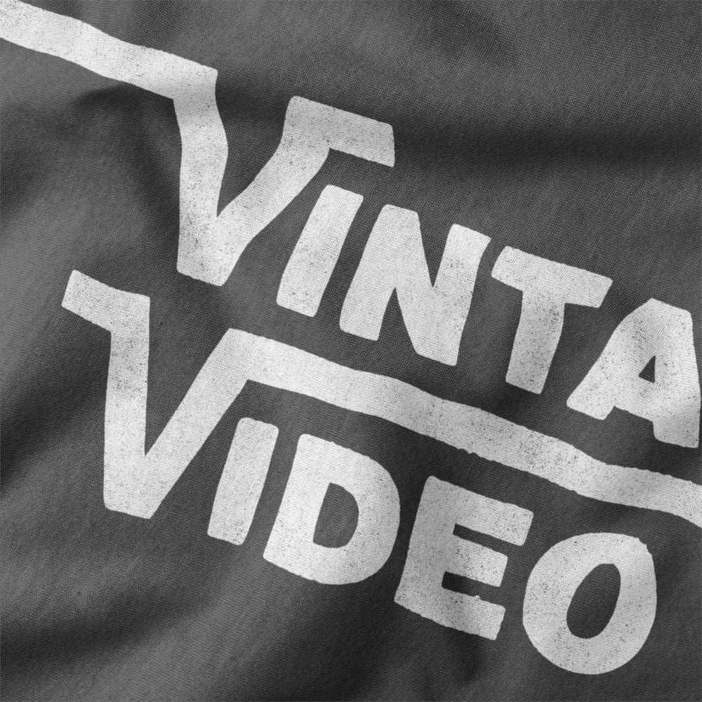 vintage video classic tee in asphalt, close-up of the print
